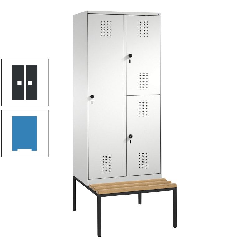 Garderobenschrank, Spind ein- und doppelstöckig Sitzbank, 2 Abteile, 3 Fächer, 2.090 x 800 x 500 mm (HxBxT), Front anthrazitgrau, Korpus anthrazitgrau