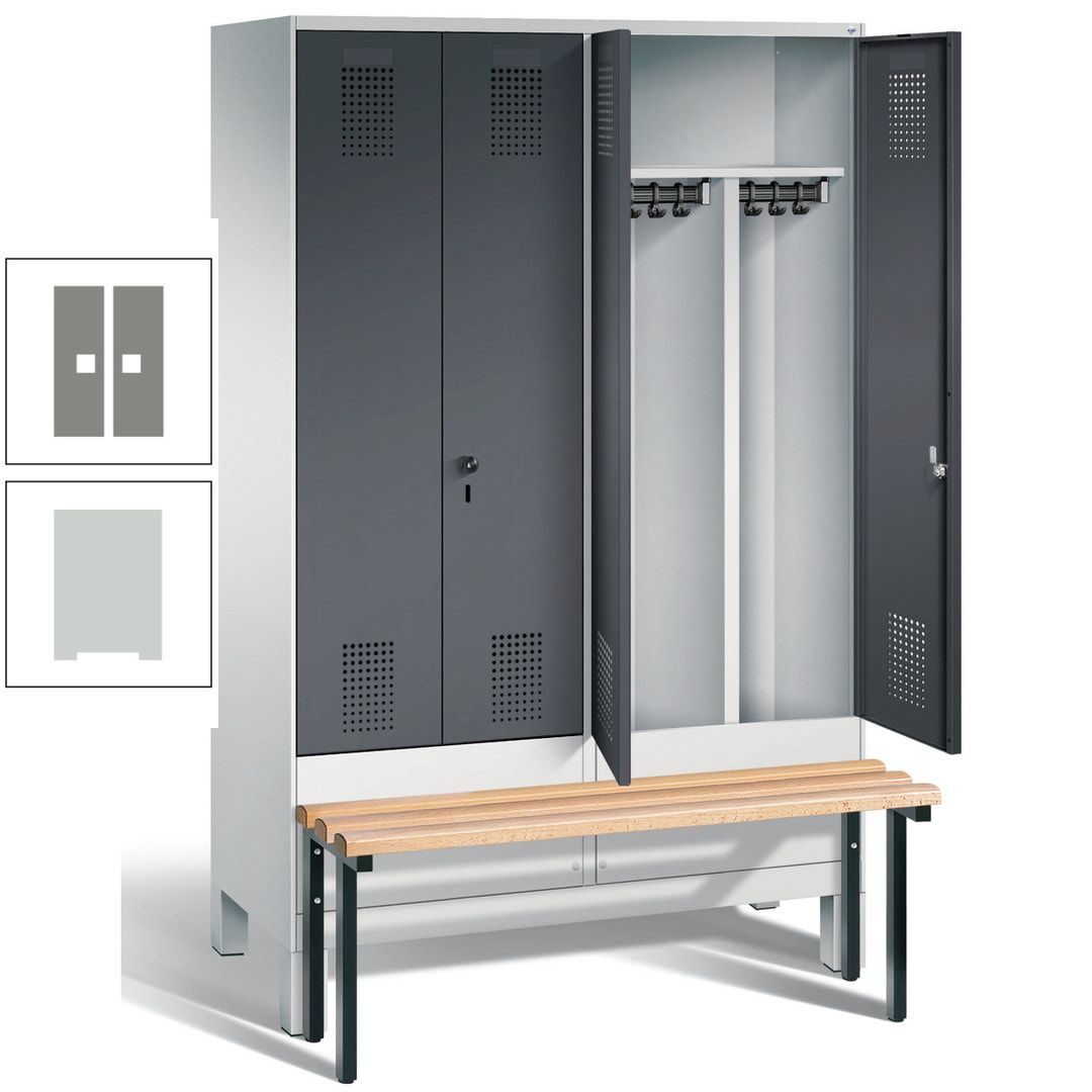 Doppel-Spind, Garderobenschrank, Buche Sitzbank vorgebaut, 4 Abteile a 300 mm, Korpus feuerrot, Tür Wasserblau, 1.850 x 1.200 x 815 mm (HxBxT)