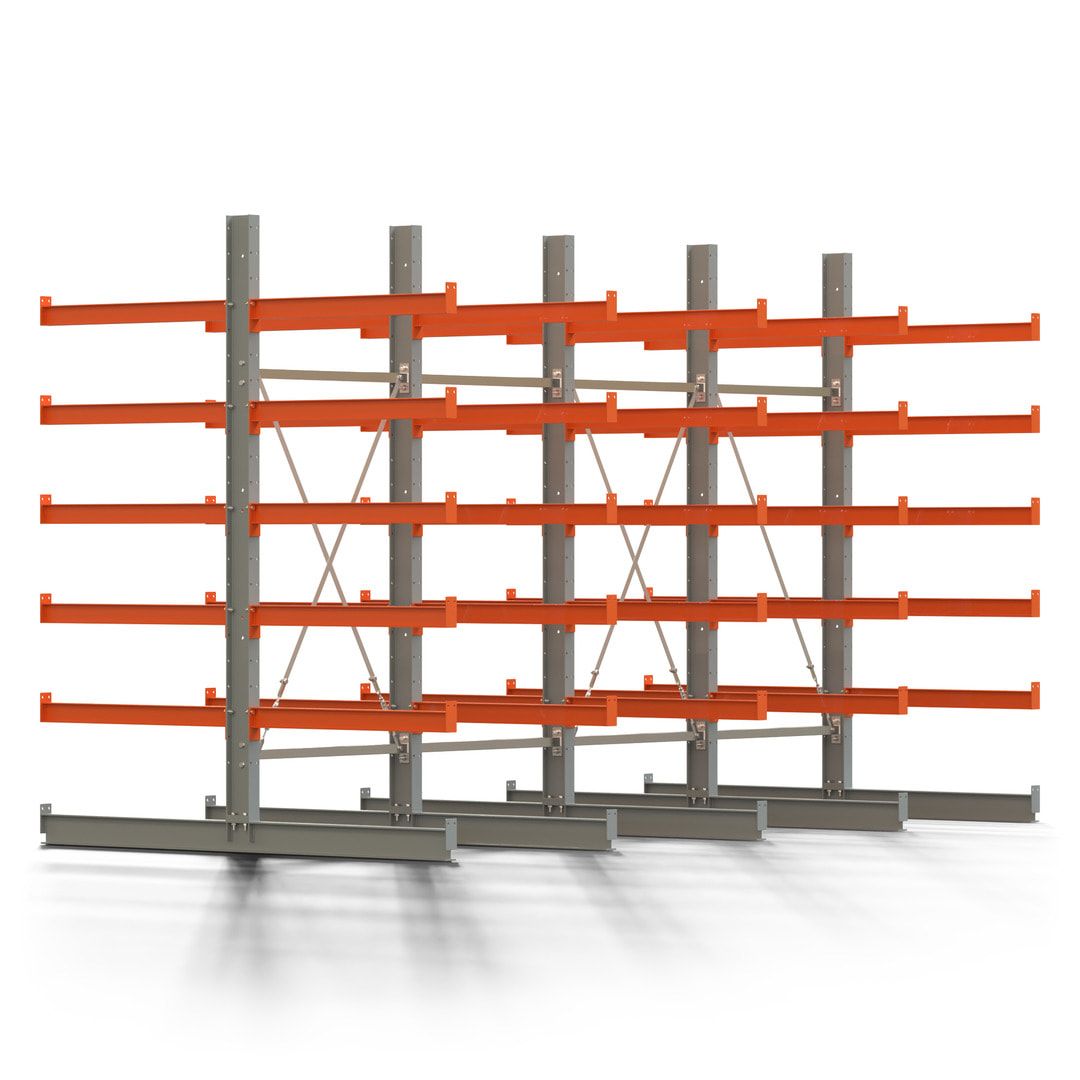 Doppelseitiges Kragarmregal, 2 Felder, 2.500 x 2.000 x 1.120 mm (HxBxT), Nutztiefe 500 mm, Kragarmlast 870 kg, KARL basic, silbergrau/reinorange