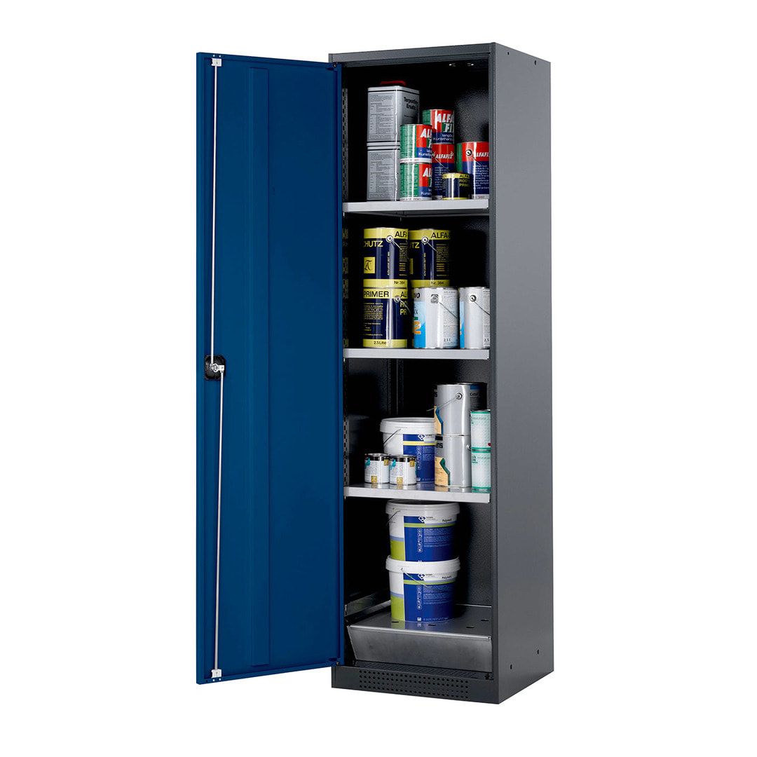 Chemikalienschrank - Flügeltür - Türanschlag links - 4 Tablarauszüge - 1.950 x 545 x 520 mm (HxBxT) - anthrazitgrau/enzianblau