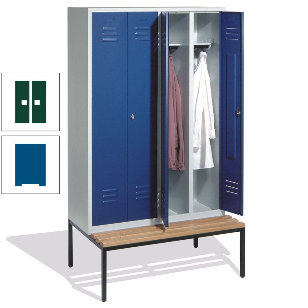 Doppel-Spindschrank, Buche Sitzbank untergebaut, 4 Abteile a 300 mm, Korpus lichtgrau, Tür anthrazitgrau, 2.090 x 1.190 x 815 mm (HxBxT)