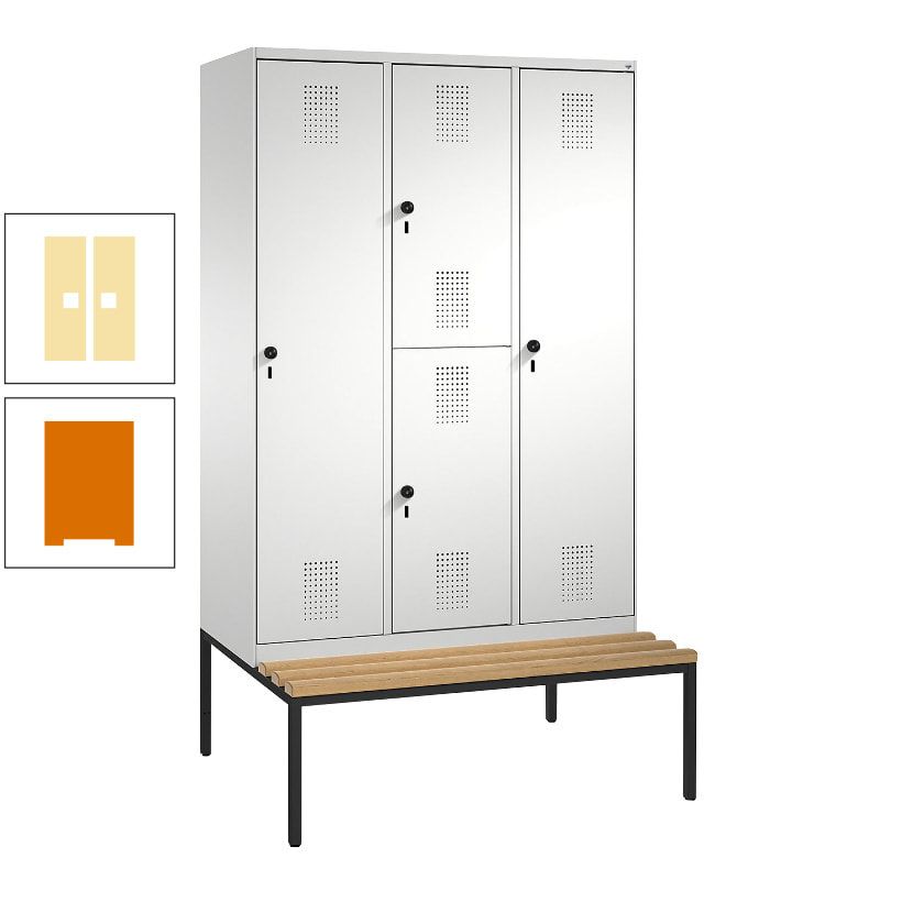 Garderobenschrank, Spind ein- und doppelstöckig Sitzbank, 3 Abteile, 4 Fächer, 2.090x1.200x500 mm (HxBxT), Front anthrazitgrau, Korpus anthrazitgrau
