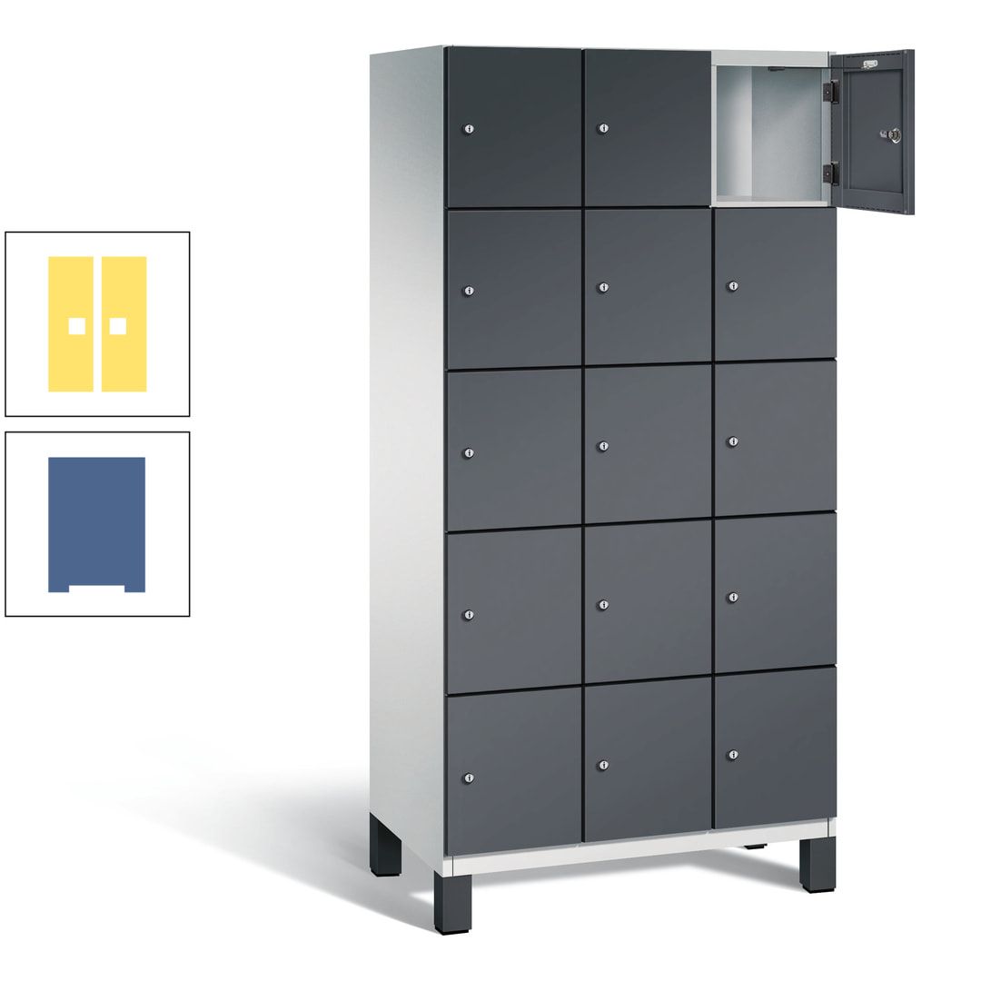 Fächerschrank, Stahlschrank, 15 Fächer, Türöffnungsbegrenzer, Füße, 1.980 x 900 x 525 mm (HxBxT), Korpus anthrazitgrau, Front anthrazitgrau