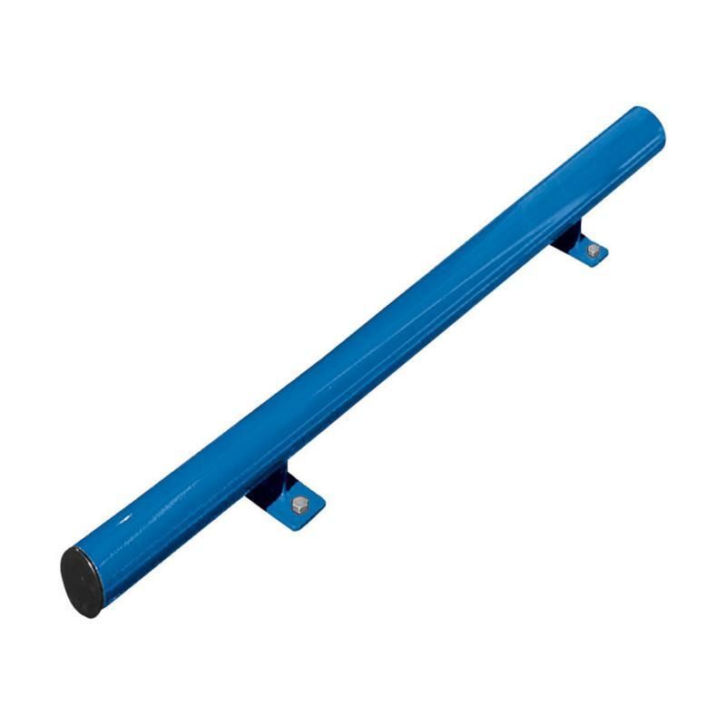 Radstop aus Stahl, Parkplatzabgrenzung, Stahlrohr, Durchmesser 76 mm, Montage auf Bodenplatten, 116 x 1.800 mm (HxB), Farbe enzianblau