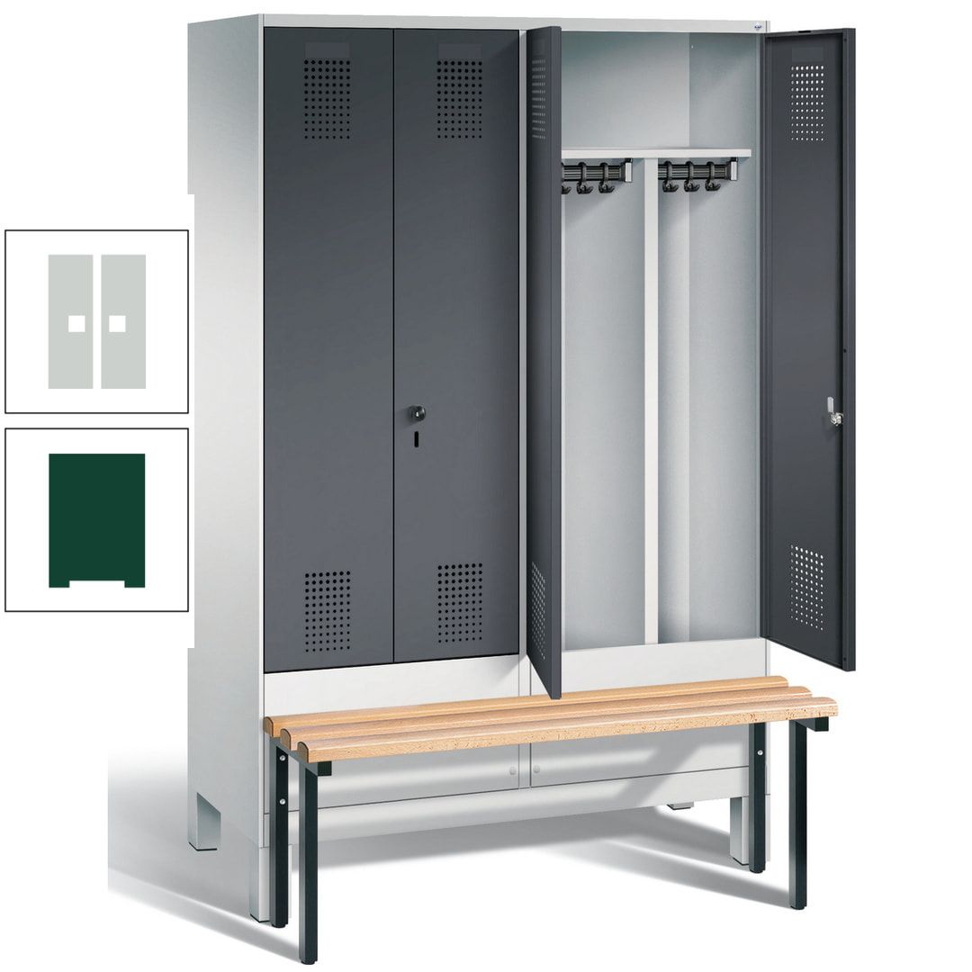 Doppel-Spind, Garderobenschrank, Buche Sitzbank vorgebaut, 4 Abteile a 300 mm, Korpus feuerrot, Tür Wasserblau, 1.850 x 1.200 x 815 mm (HxBxT)