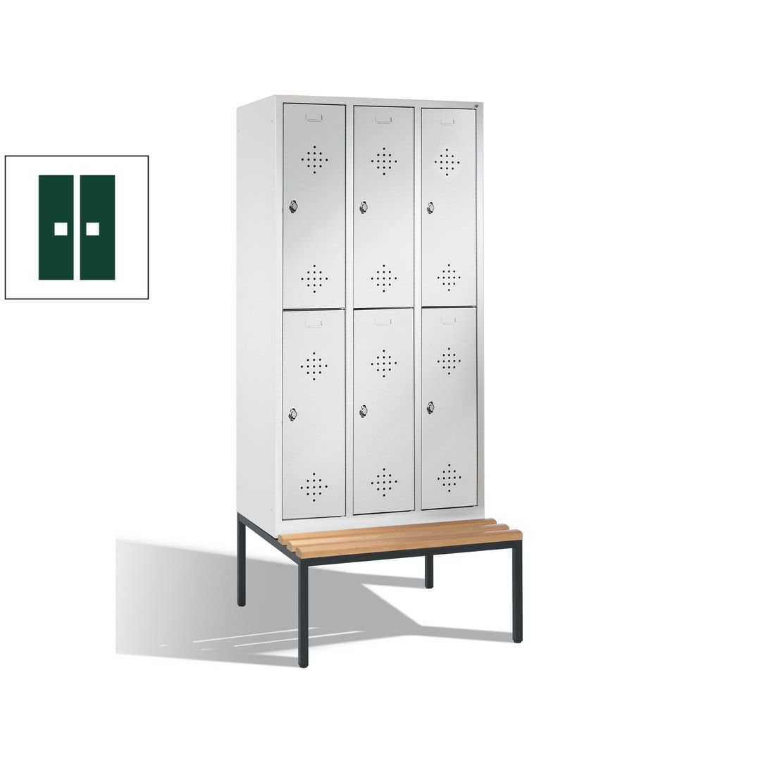 Garderobenschrank, Spind, 3 Abteile 6 Fächer, 2.090 x 1.200 x 815 mm (HxBxT), Hartholz Sitzbank untergebaut, Korpus anthrazitgrau, Türen anthrazitgrau