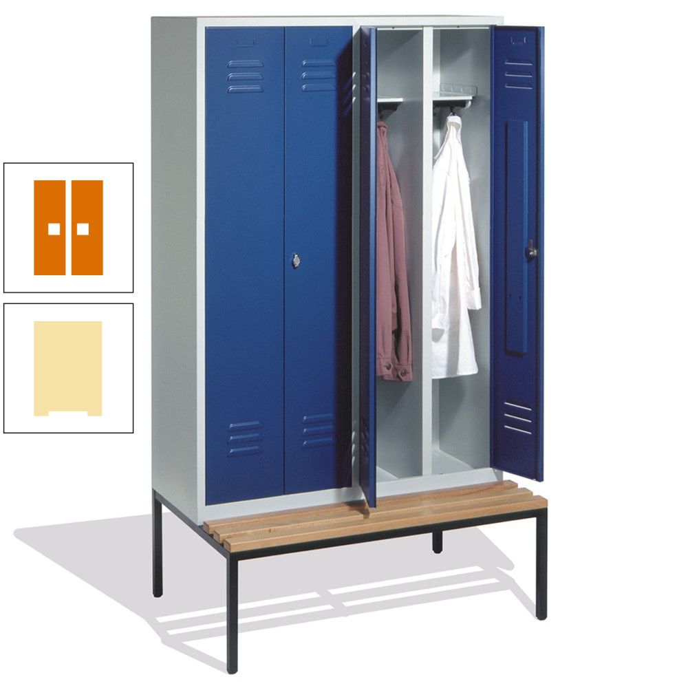 Doppel-Spindschrank, Buche Sitzbank untergebaut, 4 Abteile a 300 mm, Korpus lichtgrau, Tür anthrazitgrau, 2.090 x 1.190 x 815 mm (HxBxT)