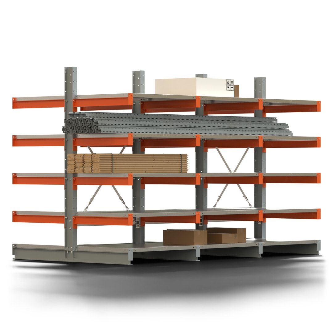 Doppelseitiges Kragarmregal mit Fachböden, 2 Felder, 2.000 x 2.000 (HxB), Nutztiefe 1.000 mm, Kragarmlast 450 kg, KARL basic, silbergrau/reinorange
