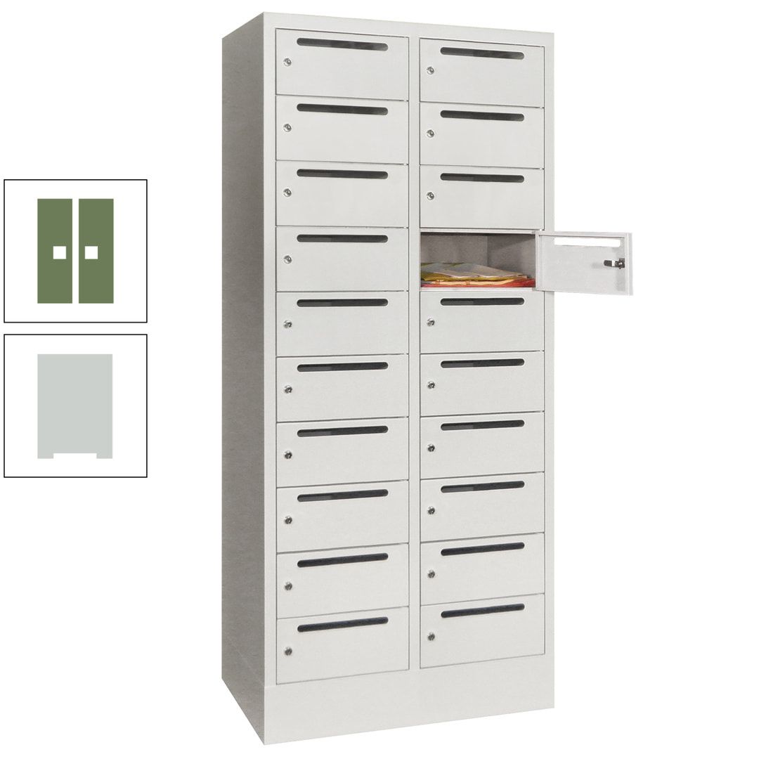 Postverteilerschrank, Schließfachschrank, 2 Abteile a 400 mm, 20 Fächer, 1.850 x 800 x 500 mm (HxBxT), Korpus anthrazitgrau, Front anthrazitgrau