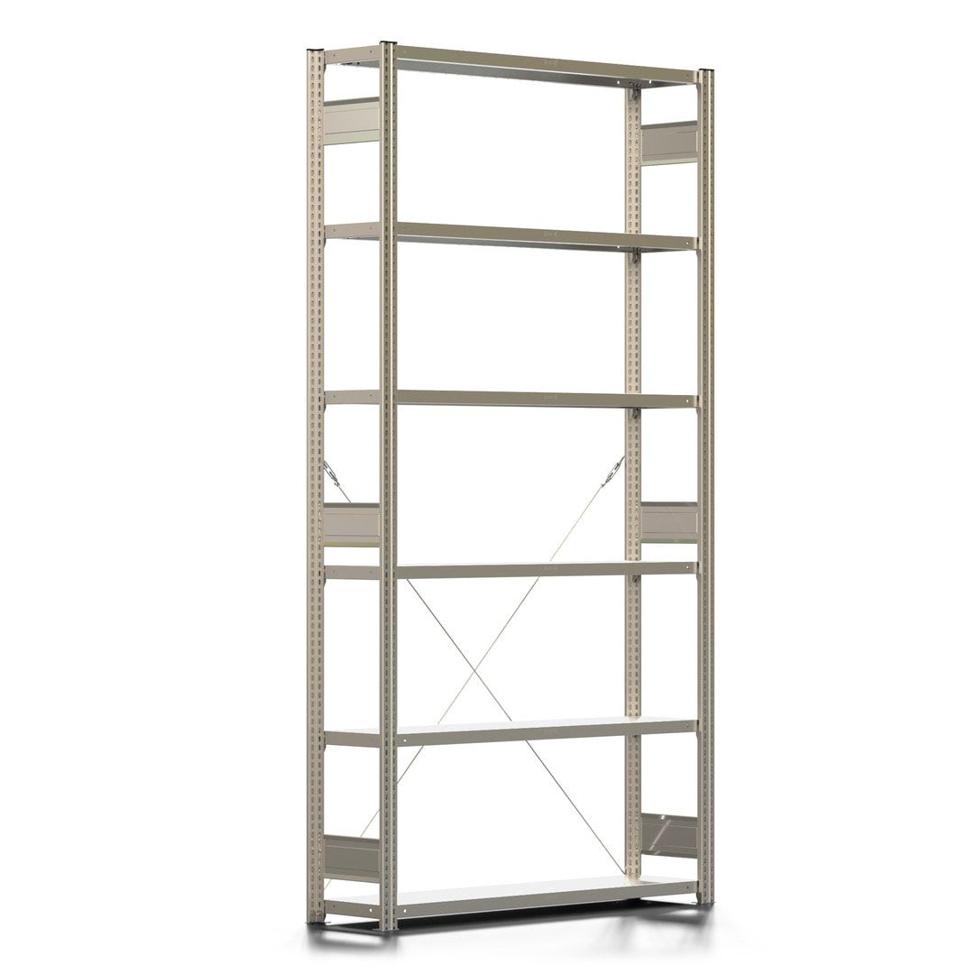 Fachbodenregal mit Tiefenriegel - 350 kg - 2.500 x 1.285 x 326 mm (HxBxT) - Anbauregal - 6 Böden - enzianblau - Lagerregal - Steckregal BERT