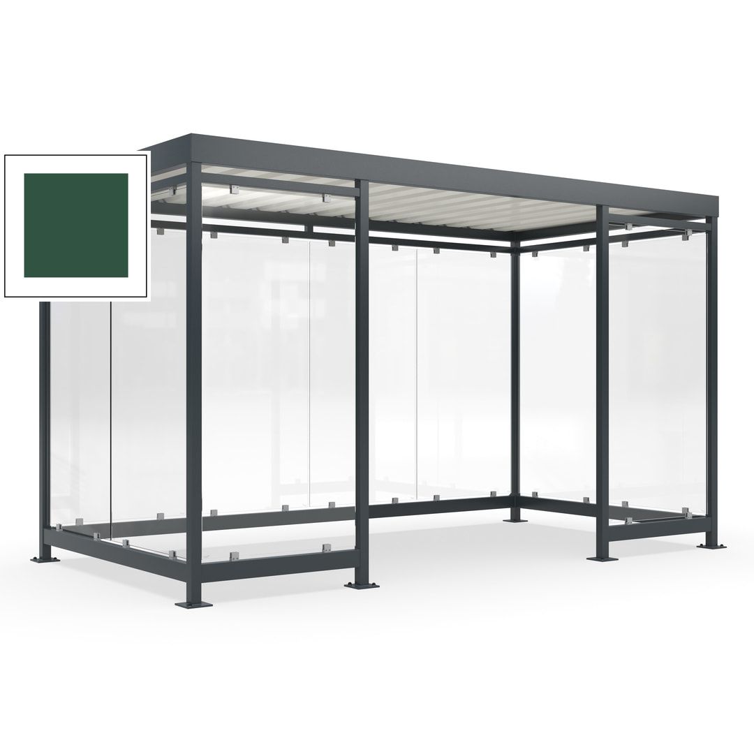 Fahrgastunterstand, Raucherunterstand, fertig montiert, Aufdübeln, 12-13 Personen, 2.510 x 4.195 x 2.165 mm (HxBxT), 10 Wände, Achatgrau