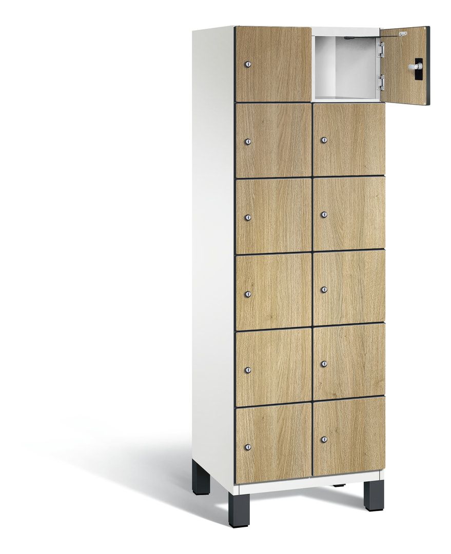Fächerschrank, Stahlschrank, 12 Fächer, Türöffnungsbegrenzer, Füße, 1.980 x 600 x 525 mm, Korpus anthrazitgrau, Dekorfront HPL Donau-Ahorn