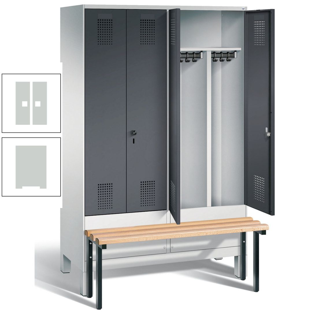 Doppel-Spind, Garderobenschrank, Buche Sitzbank vorgebaut, 4 Abteile a 300 mm, Korpus feuerrot, Tür Wasserblau, 1.850 x 1.200 x 815 mm (HxBxT)