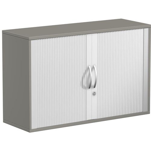Querrollladenschrank, Dekoreinlageboden, Metallsockel/Standfüße, abschließbar, 768 x 1.000 x 425 mm (HxBxT), Korpusfarbe Ahorn, Frontfarbe silber