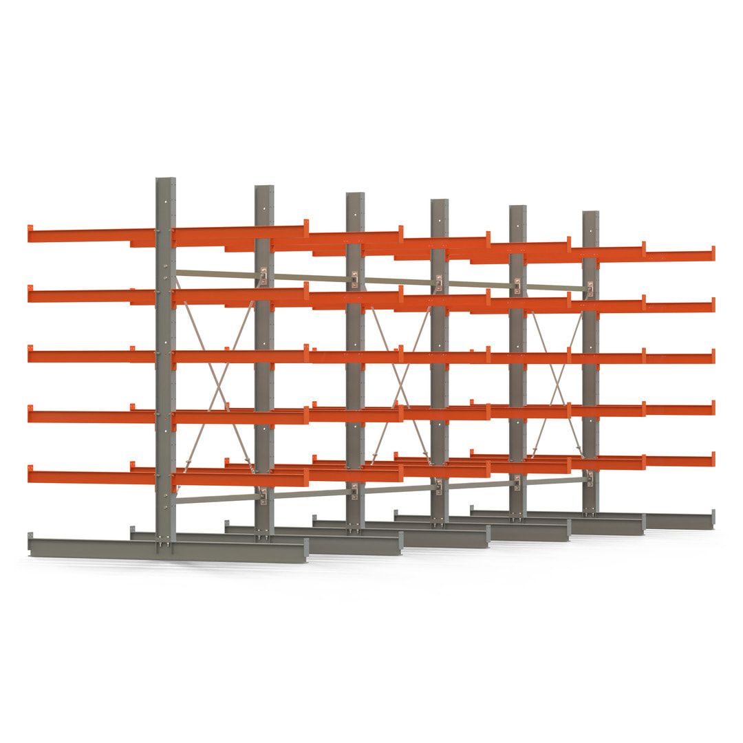 Doppelseitiges Kragarmregal, 2 Felder, 2.500 x 2.560 x 1.120 mm (HxBxT), Nutztiefe 500 mm, Kragarmlast 870 kg, KARL basic, silbergrau/reinorange