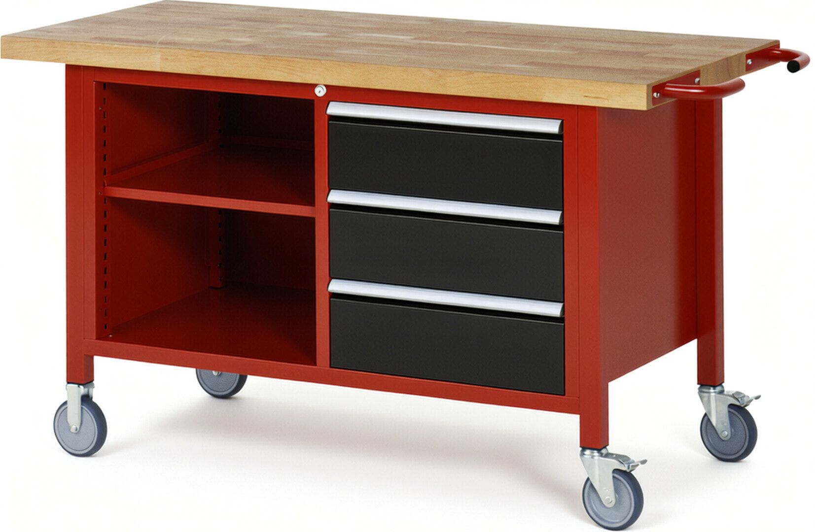 Mobile Werkbank, 2 Ablageböden - 3 Schubladen - Teilauszug - 180:3 - Höhe 880-1.080 mm - 1.500 x 700 mm - 450 kg - Anthrazitgrau