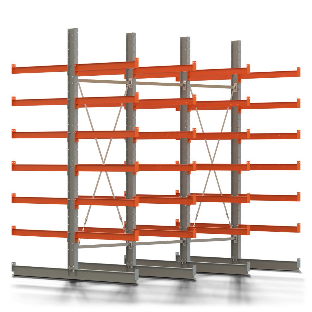 Doppelseitiges Kragarmregal, 2 Felder, 3.000 x 2.000 x 1.120 mm (HxBxT), Nutztiefe 500 mm, Kragarmlast 870 kg, KARL basic, silbergrau/reinorange