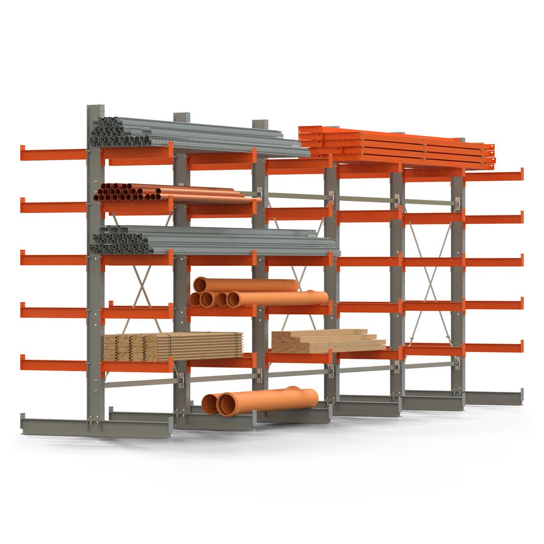 Doppelseitiges Kragarmregal, 2 Felder, 2.500 x 2.560 x 1.120 mm (HxBxT), Nutztiefe 500 mm, Kragarmlast 870 kg, KARL basic, silbergrau/reinorange