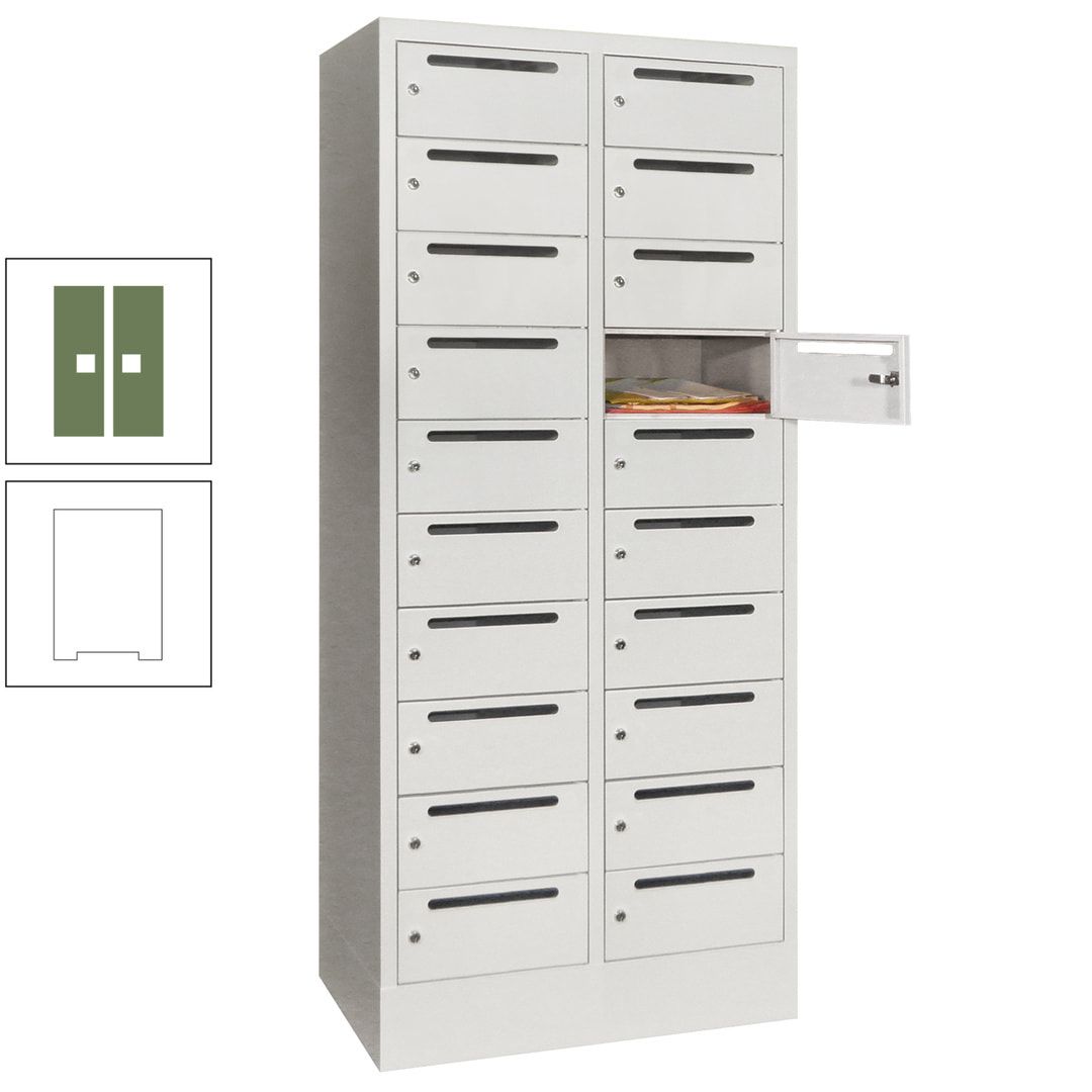 Postverteilerschrank, Schließfachschrank, 2 Abteile a 400 mm, 20 Fächer, 1.850 x 800 x 500 mm (HxBxT), Korpus anthrazitgrau, Front anthrazitgrau