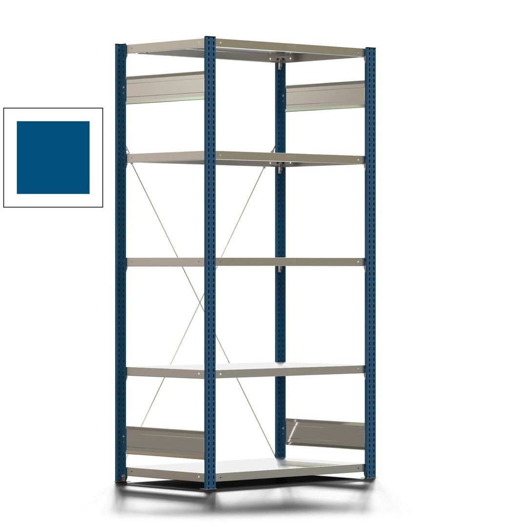 Fachbodenregal mit Tiefenriegel - 350 kg - 2.000 x 1.005 x 626 mm (HxBxT) - Anbauregal - 5 Böden - enzianblau - Lagerregal - Steckregal BERT