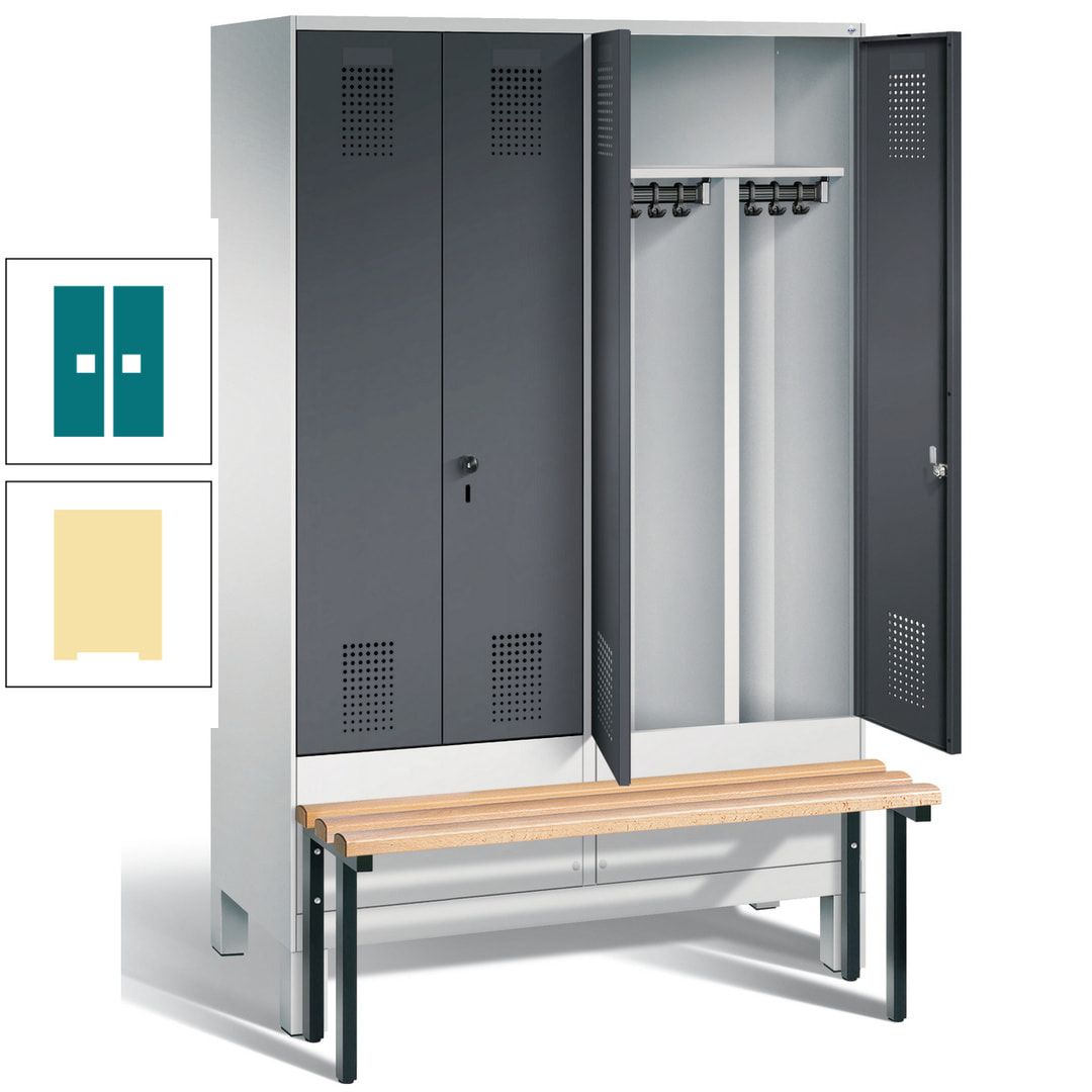 Doppel-Spind, Garderobenschrank, Buche Sitzbank vorgebaut, 4 Abteile a 300 mm, Korpus feuerrot, Tür Wasserblau, 1.850 x 1.200 x 815 mm (HxBxT)