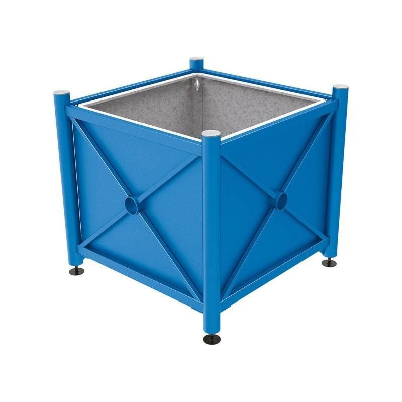 Pflanzbehälter, fvz.Stahl, innen feuerverzinkt, Verladungsgriffe, verstellbare Füße, Kopf Agora, 900 x 1.000 x 1.000 mm (HxBxT), enzianblau