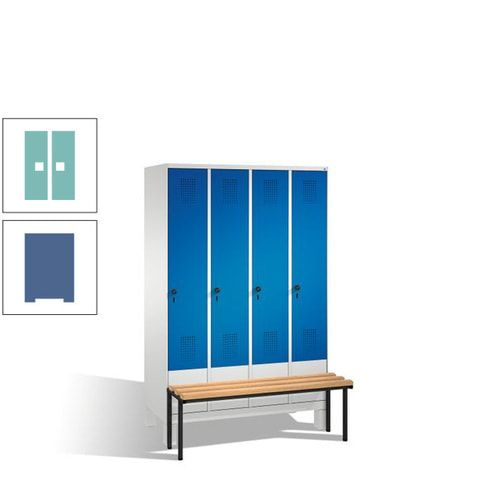 Stahl-Garderobenschrank, Spind, Buche Sitzbank vorgebaut, 4 Abteile a 300 mm, Korpus Lichtgrün, Tür Schwefelgelb, 1.850 x 1.200 x 815 mm (HxBxT)