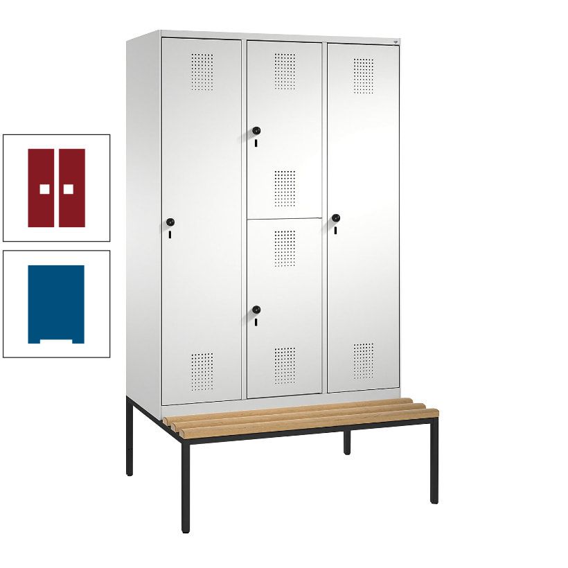 Garderobenschrank, Spind ein- und doppelstöckig Sitzbank, 3 Abteile, 4 Fächer, 2.090x1.200x500 mm (HxBxT), Front anthrazitgrau, Korpus anthrazitgrau