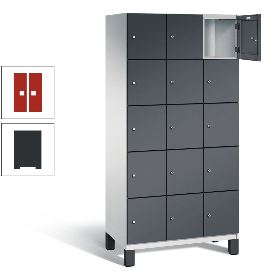 Fächerschrank, Stahlschrank, 15 Fächer, Türöffnungsbegrenzer, Füße, 1.980 x 900 x 525 mm (HxBxT), Korpus anthrazitgrau, Front anthrazitgrau