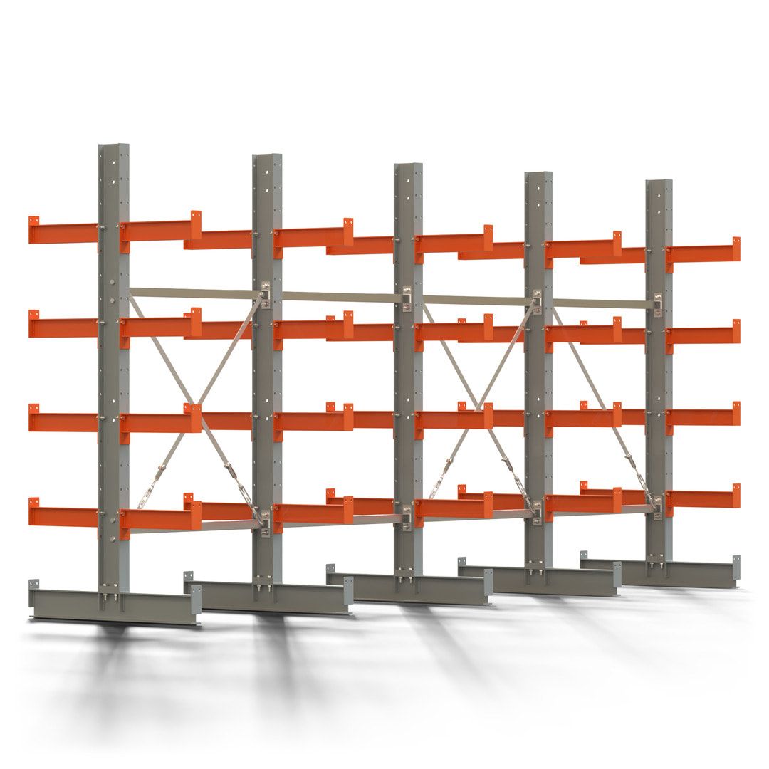 Doppelseitiges Kragarmregal, 2 Felder, 2.000 x 2.000 x 1.120 mm (HxBxT), Nutztiefe 500 mm, Kragarmlast 870 kg, KARL basic, silbergrau/reinorange