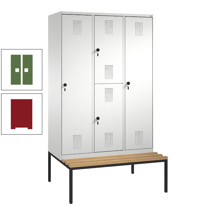 Garderobenschrank, Spind ein- und doppelstöckig Sitzbank, 3 Abteile, 4 Fächer, 2.090x1.200x500 mm (HxBxT), Front anthrazitgrau, Korpus anthrazitgrau