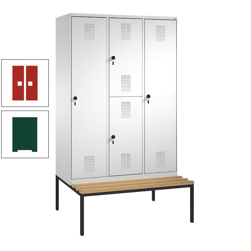 Garderobenschrank, Spind ein- und doppelstöckig Sitzbank, 3 Abteile, 4 Fächer, 2.090x1.200x500 mm (HxBxT), Front anthrazitgrau, Korpus anthrazitgrau