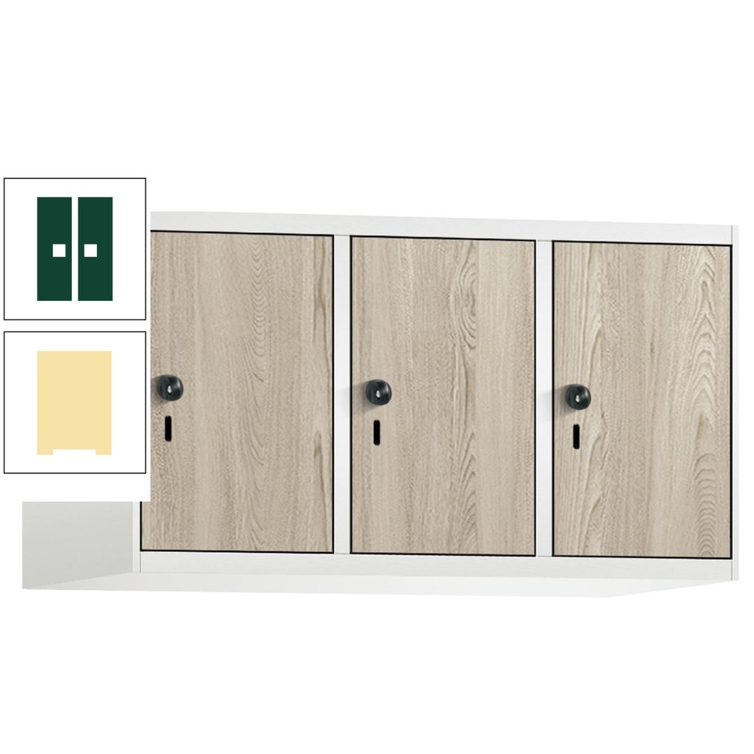 Aufsatzschrank, Schrankaufsatz, 3 Fächer a 300 mm, Farbe Pastellgelb, Tür anthrazitgrau, 500 x 900 x 500 mm (HxBxT)