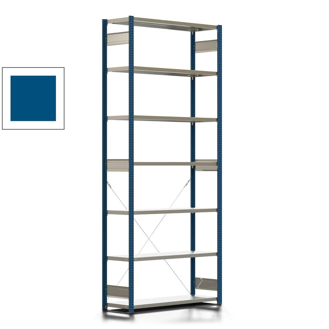 Fachbodenregal mit Tiefenriegel - 350 kg - 3.000 x 1.285 x 426 mm (HxBxT) - Anbauregal - 7 Böden - enzianblau - Lagerregal - Steckregal BERT