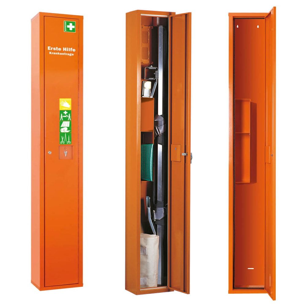 Medizinschrank, Erste Hilfe Schrank, für Krankentrage und Erste Hilfe Koffer, ohne Inhalt, Notfallschlüsselfach, 2.000 x 300 x 200 mm (HxBxT)