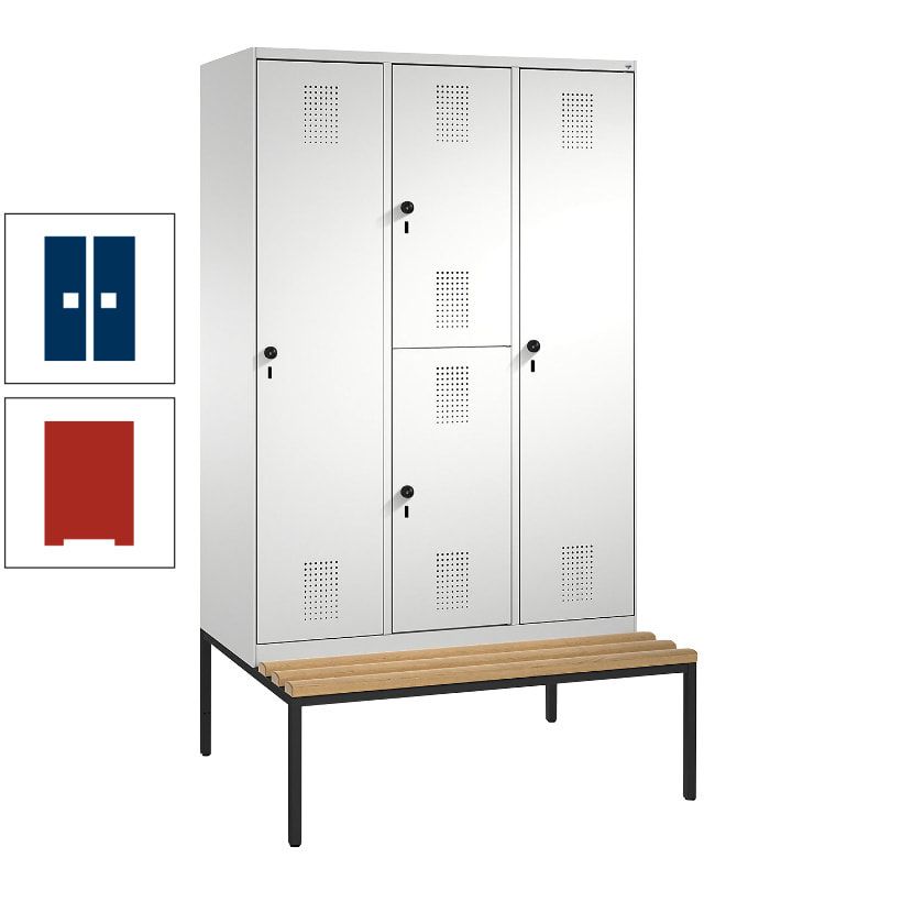 Garderobenschrank, Spind ein- und doppelstöckig Sitzbank, 3 Abteile, 4 Fächer, 2.090x1.200x500 mm (HxBxT), Front anthrazitgrau, Korpus anthrazitgrau