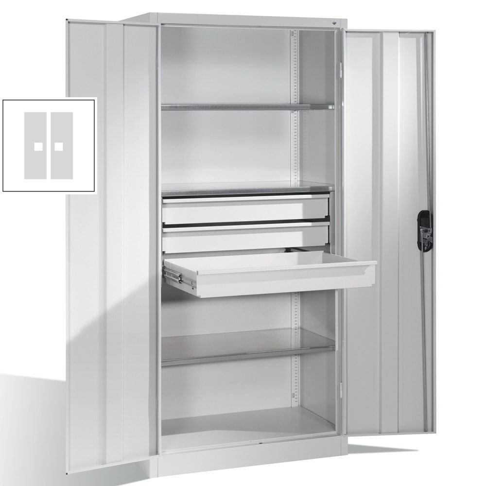 C+P Großraum Werkzeugschrank, Maschinenschrank, 3 Fachböden, 3 Schubladen mittig, Farbe lichtgrau, 1.950 x 1.200 x 500 (HxBxT)