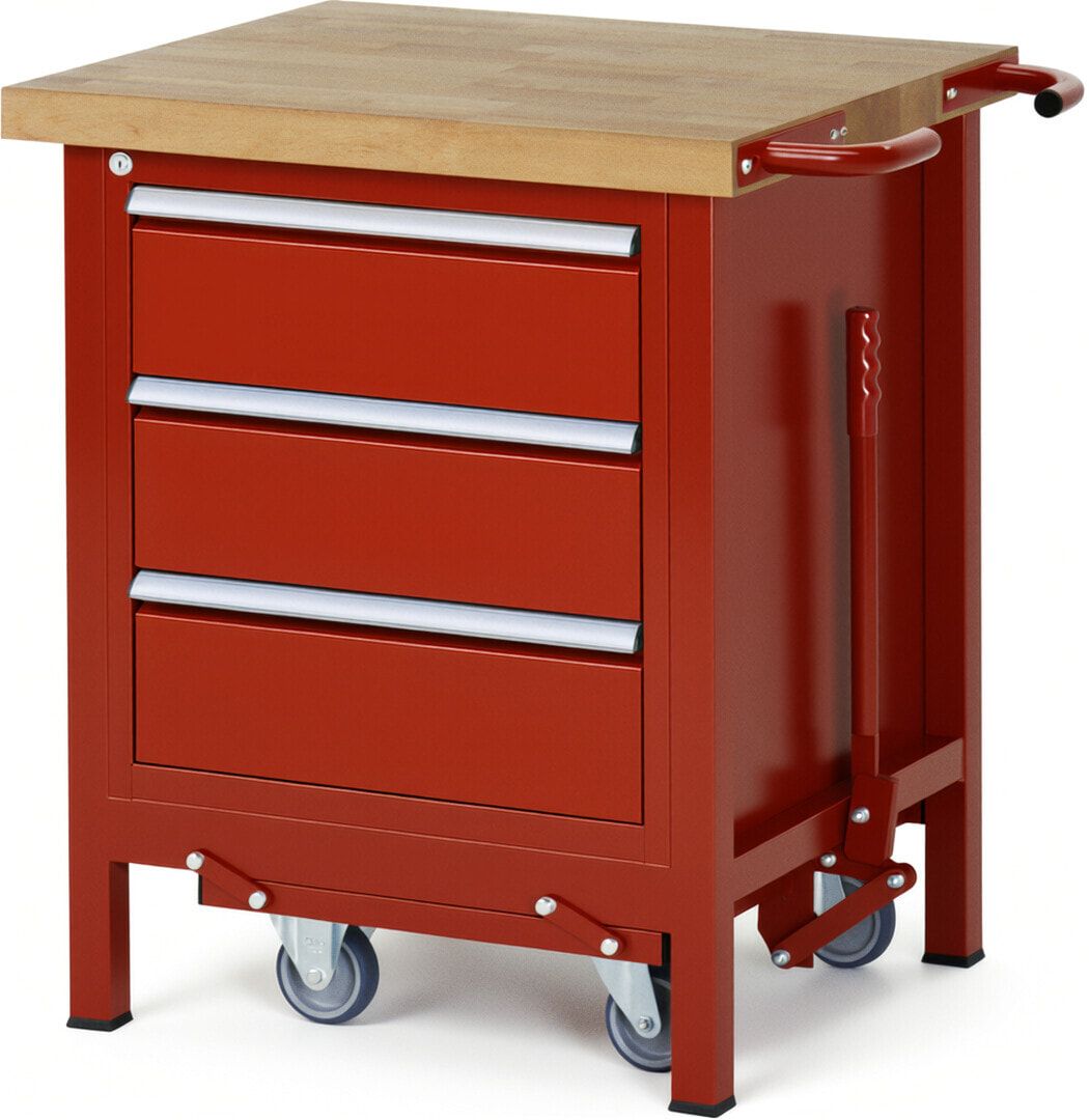 Mobile absenkbare Werkbank mit 3 Schubladen - Teilauszug - 180:3 - 880 x 750 x 700 mm (HxBxT) - 1,25 t - Buche - Anthrazitgrau