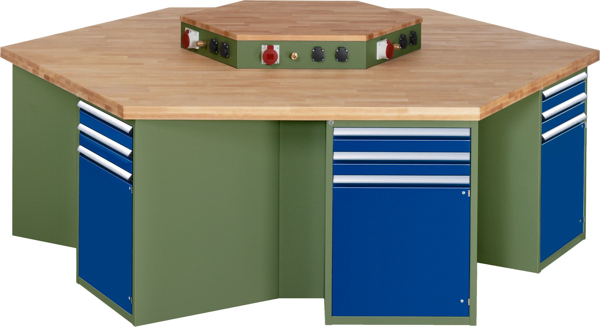 Gruppenwerkbank, Buche, Höhe 840 mm, mit Energieaufsatz, Unterbau-Container, 2 Schubladen, 1 Tür, 1 Boden - Anthrazitgrau