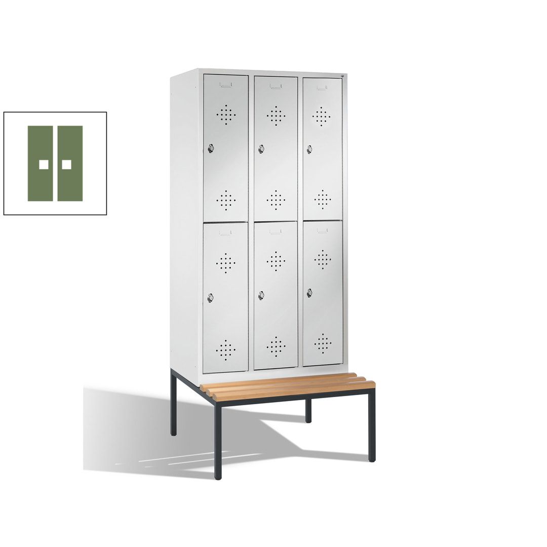 Garderobenschrank, Spind, 3 Abteile 6 Fächer, 2.090 x 1.200 x 815 mm (HxBxT), Hartholz Sitzbank untergebaut, Korpus anthrazitgrau, Türen anthrazitgrau