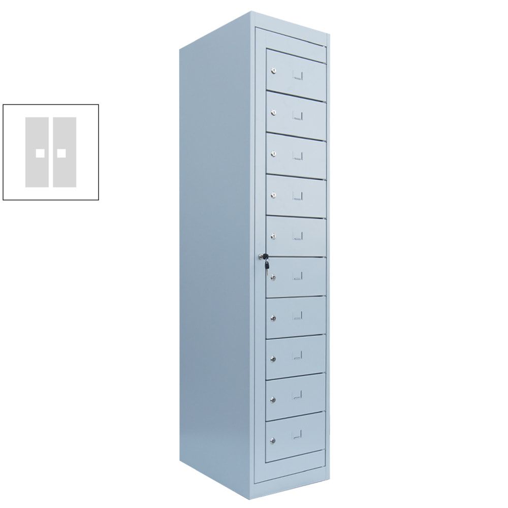 Verteilerschrank, Ausgabeschrank, Fächerschrank, Zentraltür, 1 Abteil, 10 Fächer, 1.800 x 400 x 500 mm (HxBxT), Korpus lichtgrau, Front enzianblau
