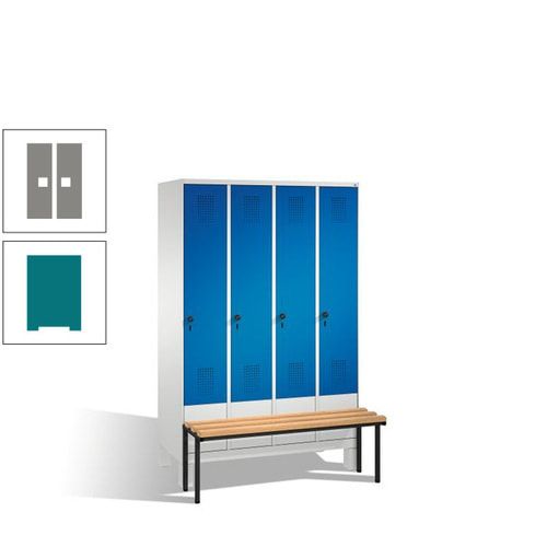 Stahl-Garderobenschrank, Spind, Buche Sitzbank vorgebaut, 4 Abteile a 300 mm, Korpus Lichtgrün, Tür Schwefelgelb, 1.850 x 1.200 x 815 mm (HxBxT)