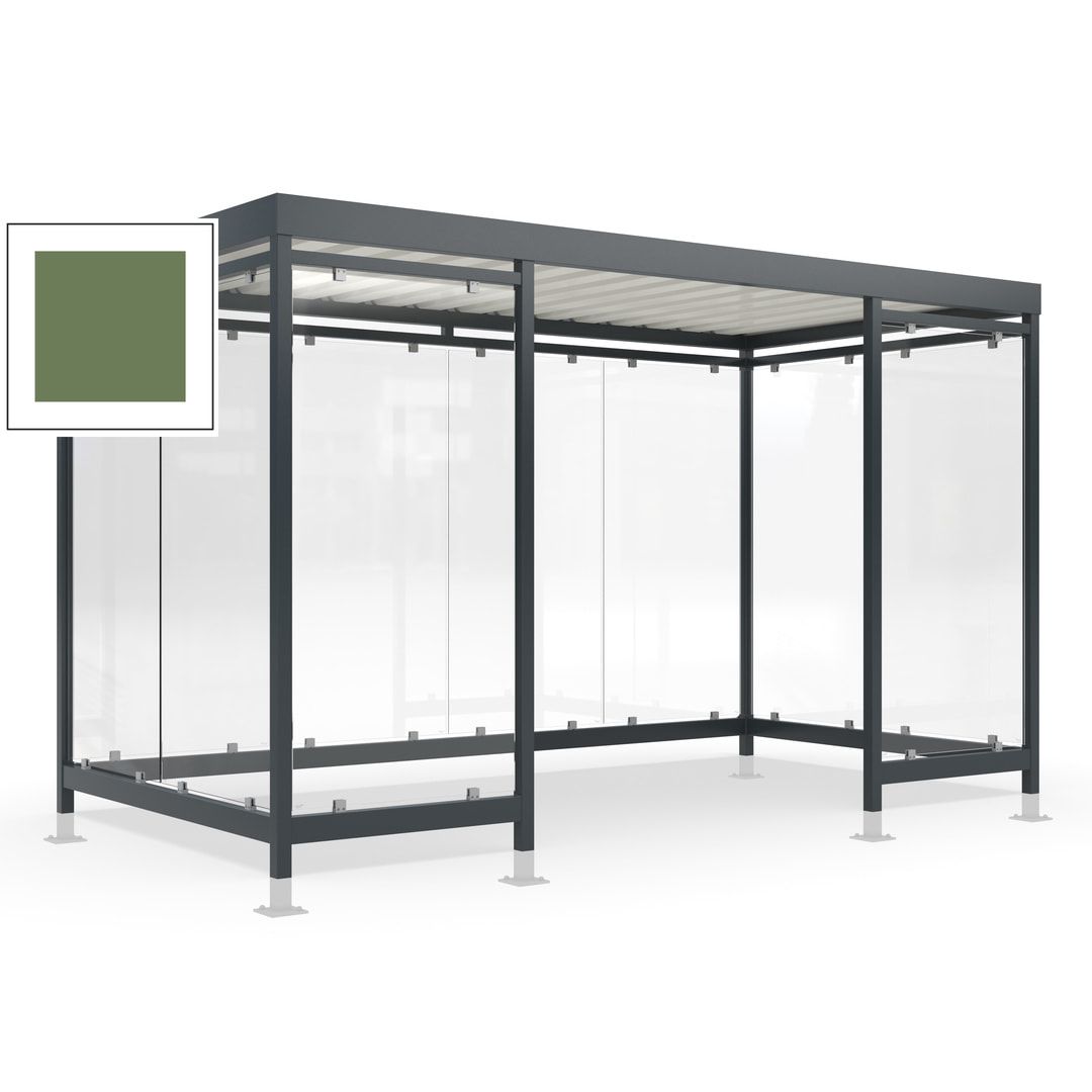 Raucherunterstand für 12-13 Personen, Bushaltestelle, mit Überpflasterung, 2.440 x 4.195 x 2.165 mm (HxBxT), 10 Wände, Achatgrau