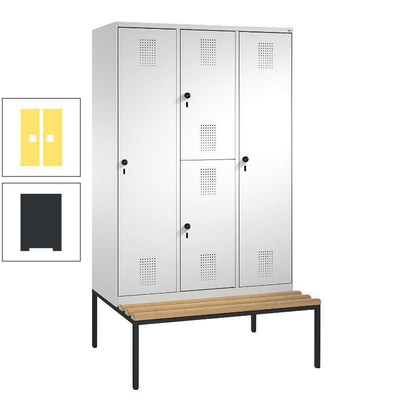 Garderobenschrank, Spind ein- und doppelstöckig Sitzbank, 3 Abteile, 4 Fächer, 2.090x1.200x500 mm (HxBxT), Front anthrazitgrau, Korpus anthrazitgrau