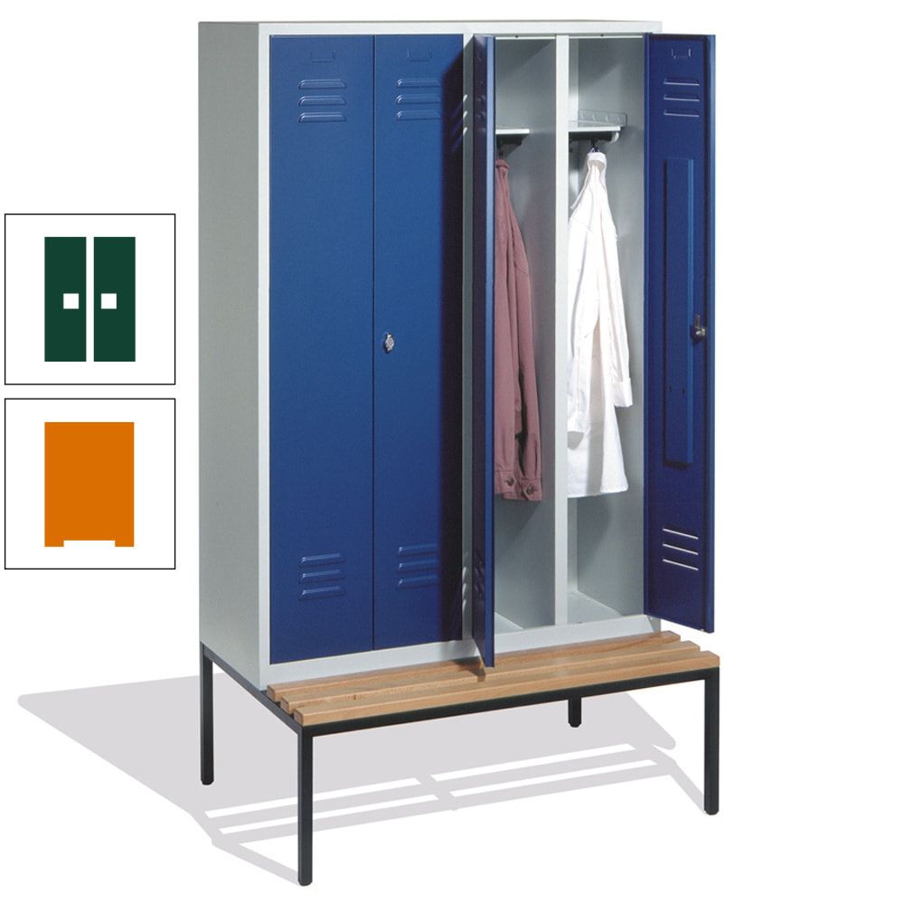 Doppel-Spindschrank, Buche Sitzbank untergebaut, 4 Abteile a 300 mm, Korpus lichtgrau, Tür anthrazitgrau, 2.090 x 1.190 x 815 mm (HxBxT)