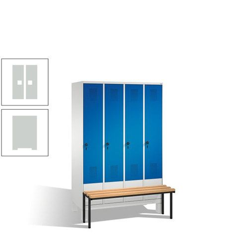 Stahl-Garderobenschrank, Spind, Buche Sitzbank vorgebaut, 4 Abteile a 300 mm, Korpus Lichtgrün, Tür Schwefelgelb, 1.850 x 1.200 x 815 mm (HxBxT)