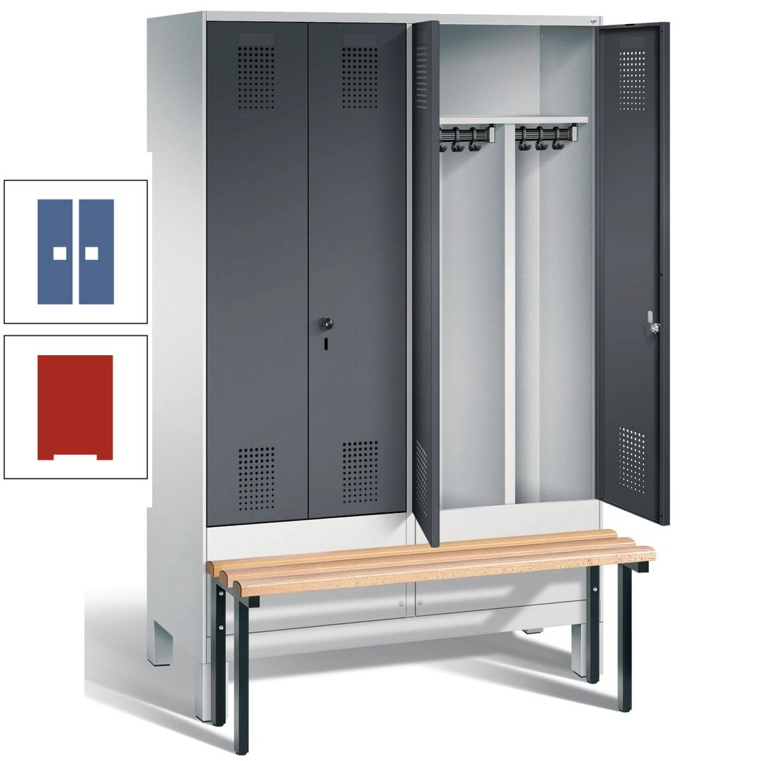 Doppel-Spind, Garderobenschrank, Buche Sitzbank vorgebaut, 4 Abteile a 300 mm, Korpus feuerrot, Tür Wasserblau, 1.850 x 1.200 x 815 mm (HxBxT)