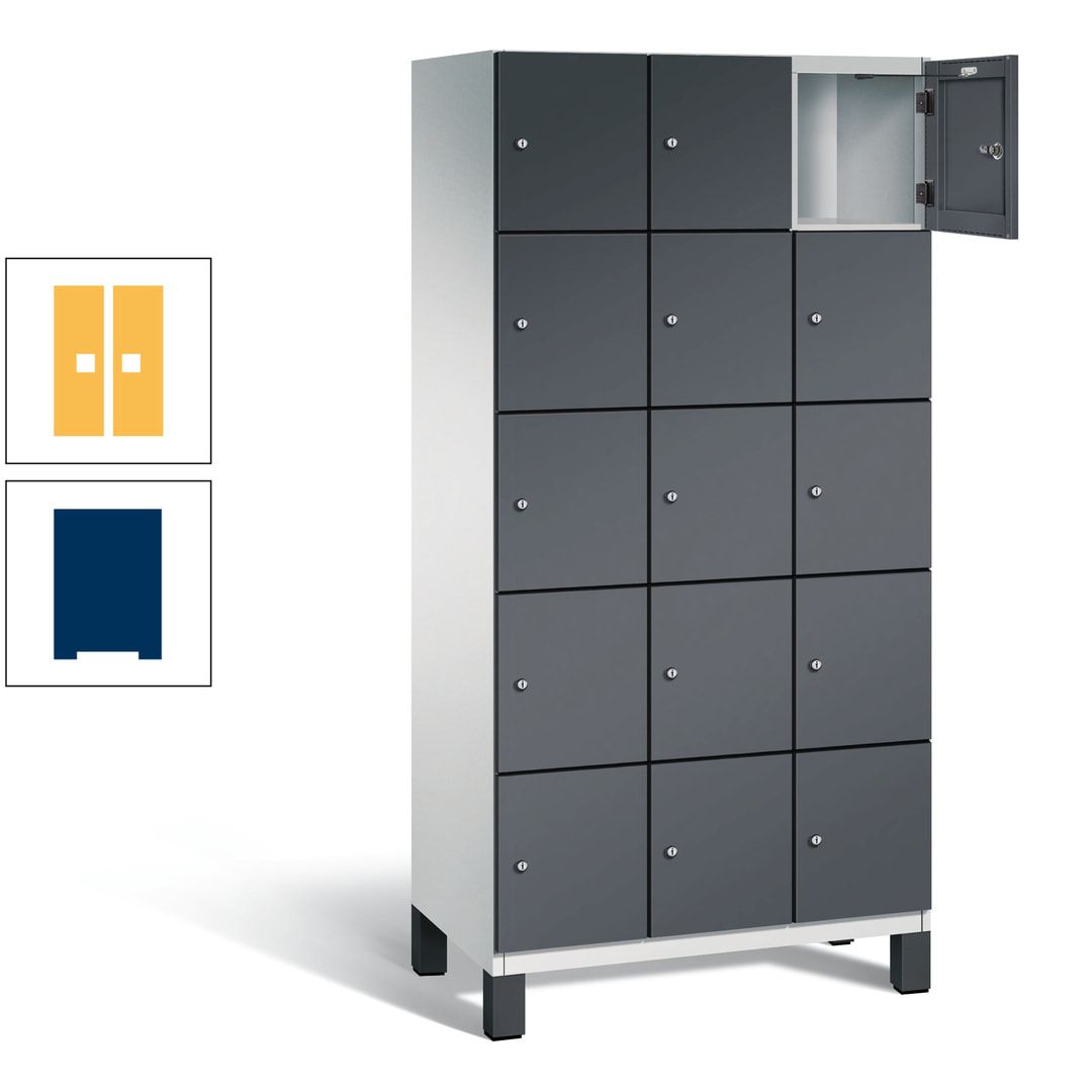 Fächerschrank, Stahlschrank, 15 Fächer, Türöffnungsbegrenzer, Füße, 1.980 x 900 x 525 mm (HxBxT), Korpus anthrazitgrau, Front anthrazitgrau