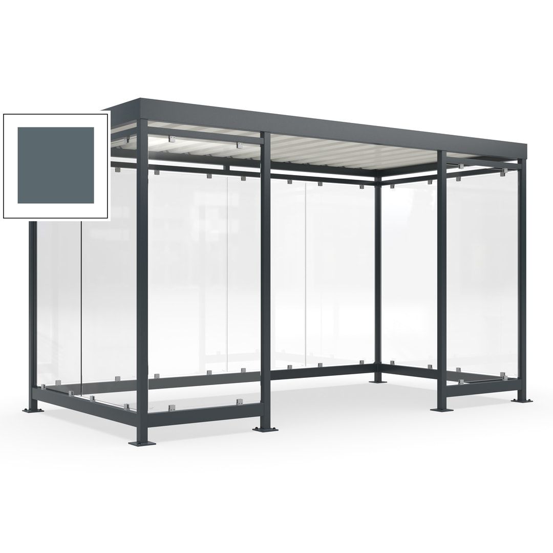 Fahrgastunterstand, Raucherunterstand, fertig montiert, Aufdübeln, 12-13 Personen, 2.510 x 4.195 x 2.165 mm (HxBxT), 10 Wände, Achatgrau