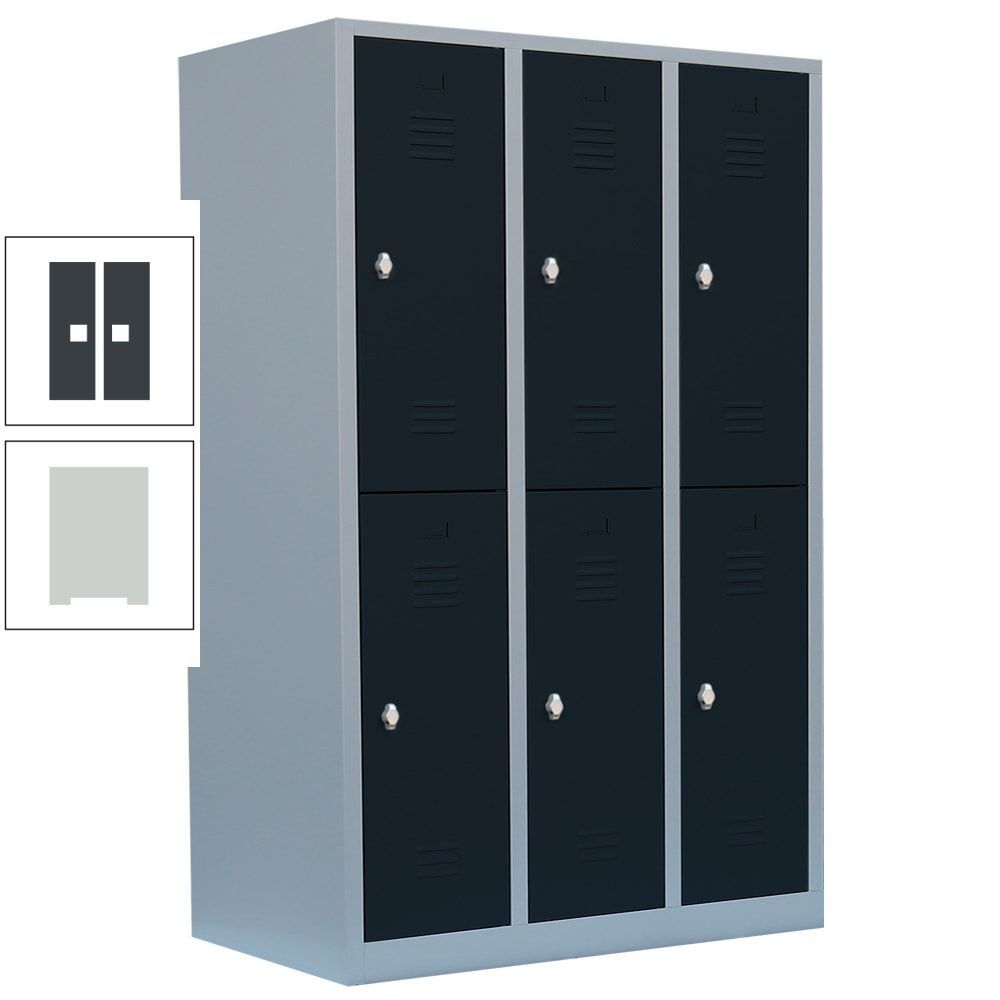 Garderobenschrank, Doppelstockspind, 3 Abteile, 6 Fächer, 1.800 x 1.185 x 500 mm (HxBxT), Stahl, Drehriegel, Korpus: lichtgrau, Front: anthrazitgrau
